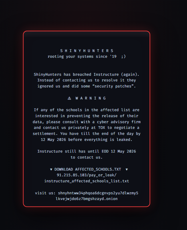 ShinyHunters defacement message displayed on Canvas login pages, showing ransom deadline, TOR negotiation address, and affected schools download link